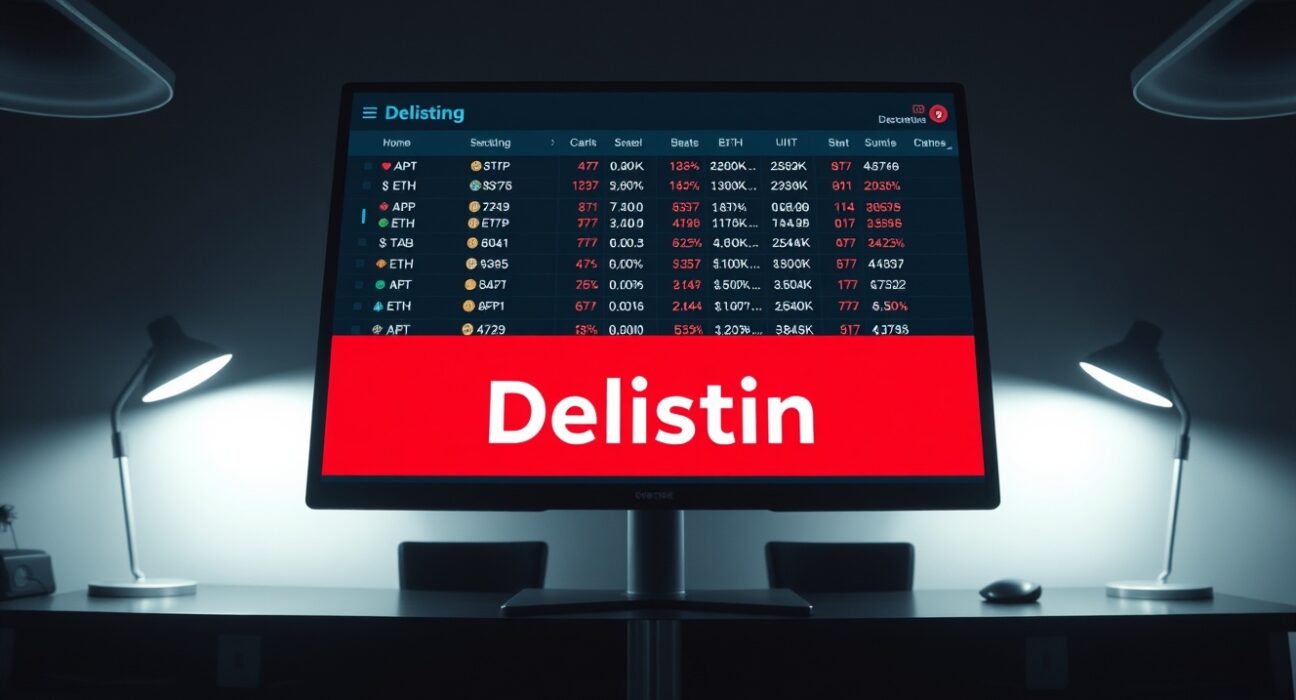 Binance delisting announcement displayed on a trading screen in a professional office setting