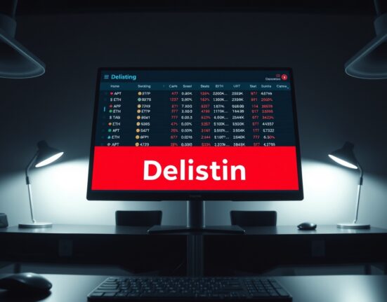 Binance delisting announcement displayed on a trading screen in a professional office setting
