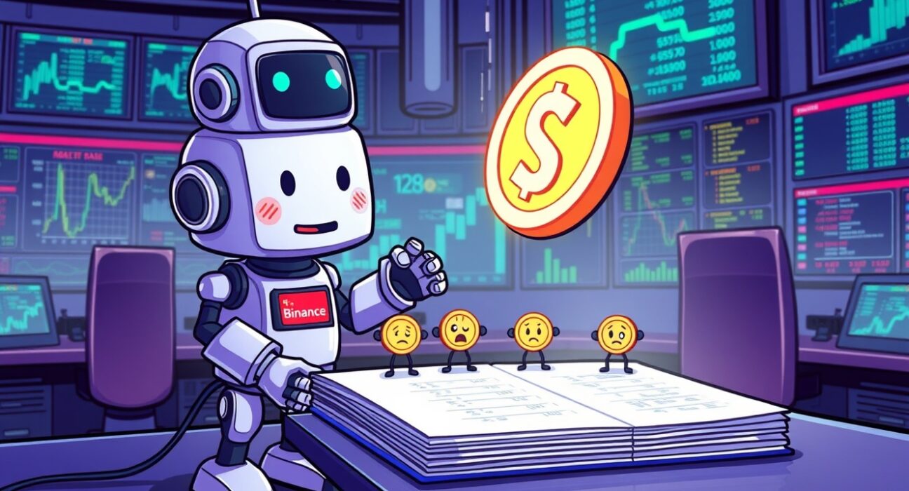 Cartoon illustration of Binance delisting perpetual futures contracts in an orderly digital trading room.