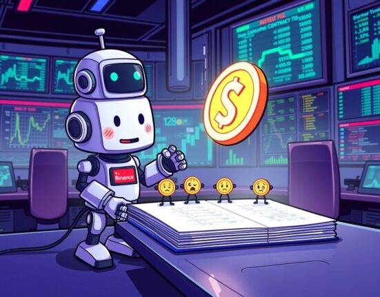 Cartoon illustration of Binance delisting perpetual futures contracts in an orderly digital trading room.
