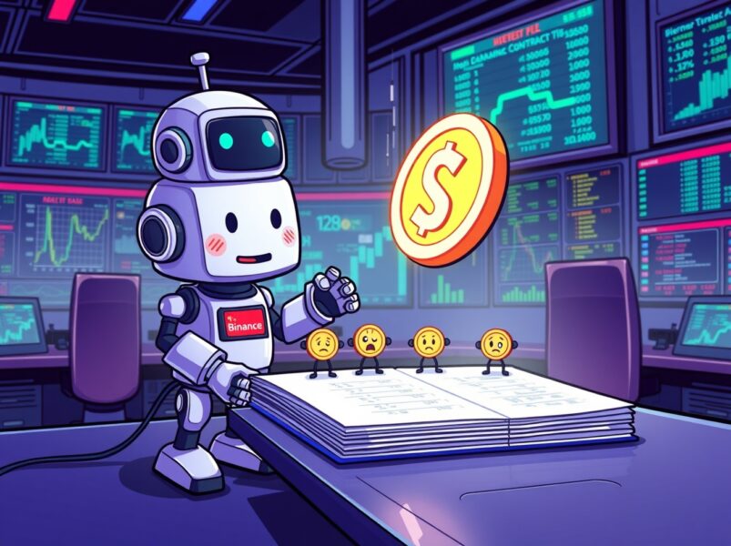 Cartoon illustration of Binance delisting perpetual futures contracts in an orderly digital trading room.