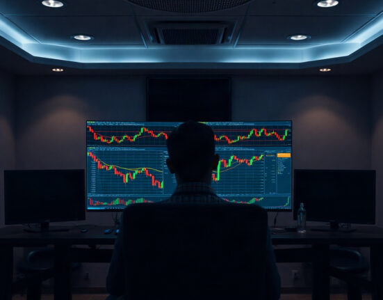 Cryptocurrency trading screens showing price charts in a professional office setting