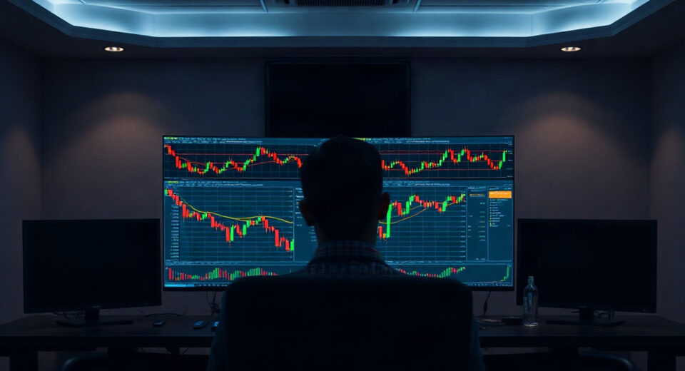 Cryptocurrency trading screens showing price charts in a professional office setting