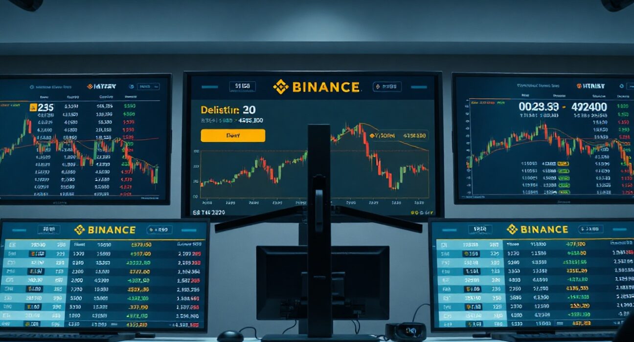 Binance delisting notification on trading screens in a professional newsroom setting