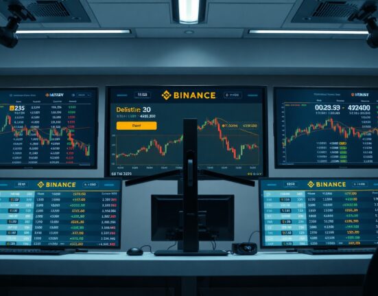 Binance delisting notification on trading screens in a professional newsroom setting