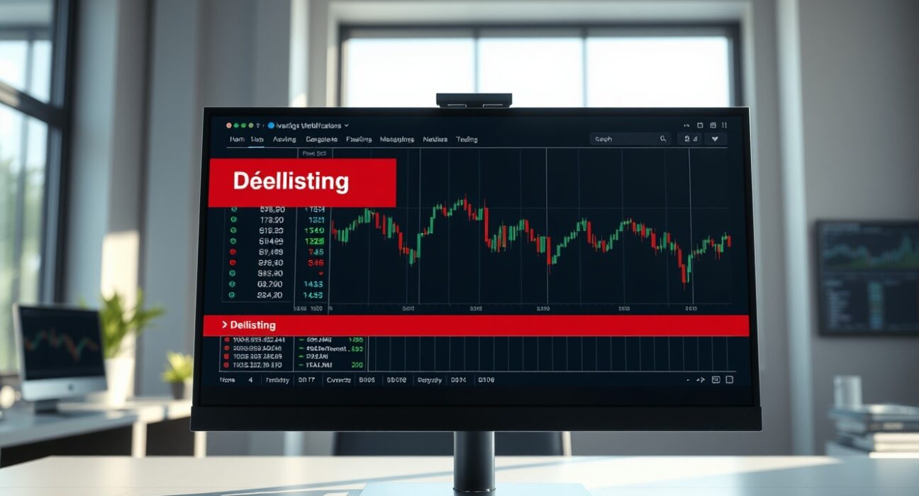 Binance trading interface showing a delisting notification on a monitor in a modern office setting.