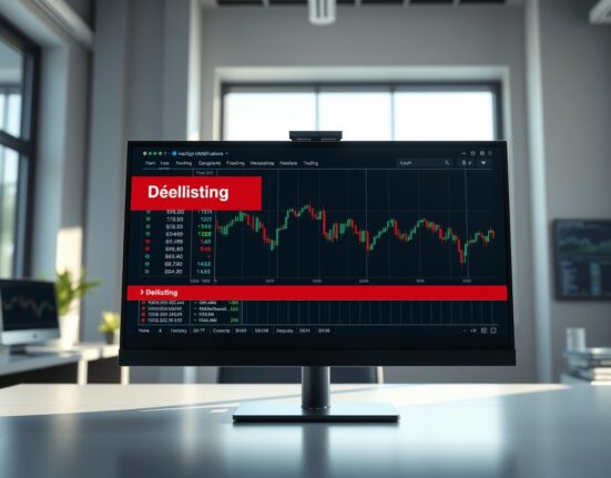 Binance trading interface showing a delisting notification on a monitor in a modern office setting.