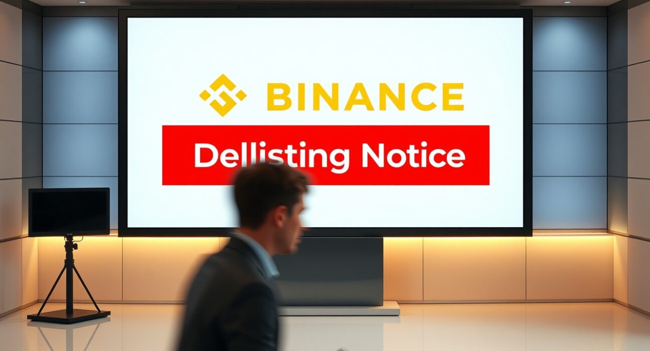 Binance delisting announcement screen in a professional newsroom setting