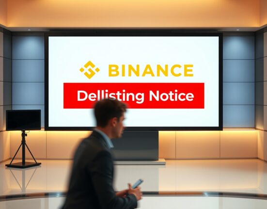 Binance delisting announcement screen in a professional newsroom setting