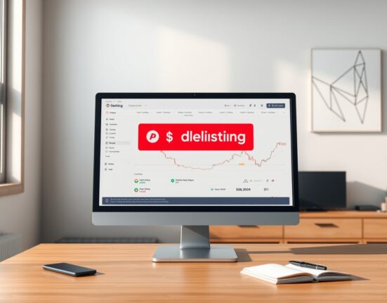 Binance cryptocurrency delisting announcement shown on a professional trading desk monitor.