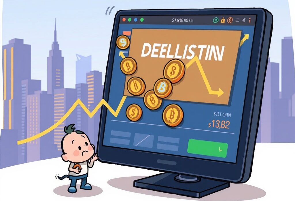 Cartoon illustration showing a crucial Binance delisting event, with digital assets disappearing from a trading screen, impacting FDUSD pairs.