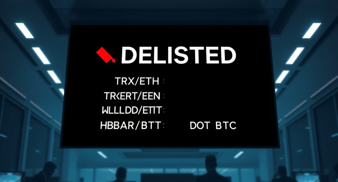 Binance delisting announcement for five margin trading pairs including TRX/ETH and LINK/ETH on May 1.