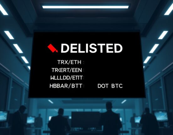 Binance delisting announcement for five margin trading pairs including TRX/ETH and LINK/ETH on May 1.