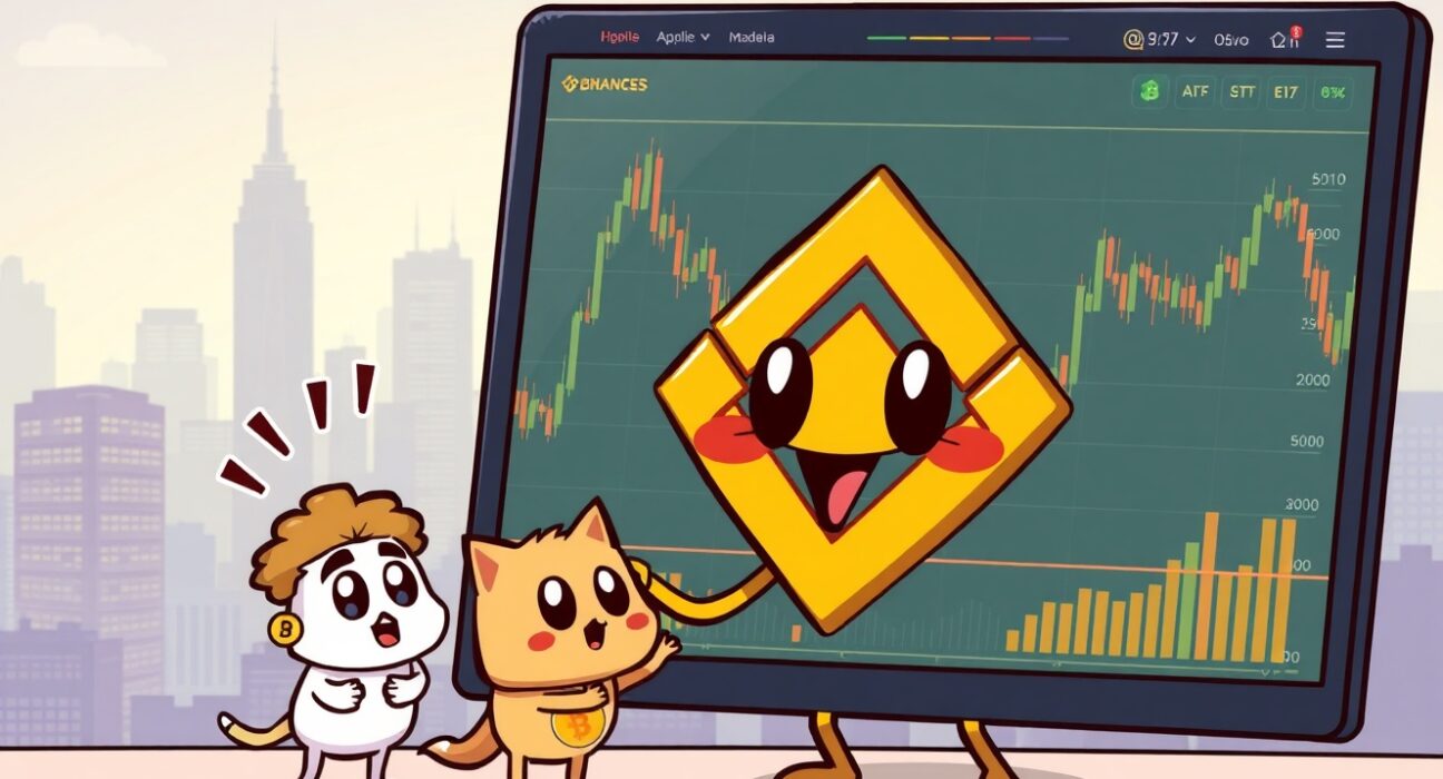 A cartoon illustration showing crypto pairs being delisted from a trading platform, highlighting the Binance delisting event.