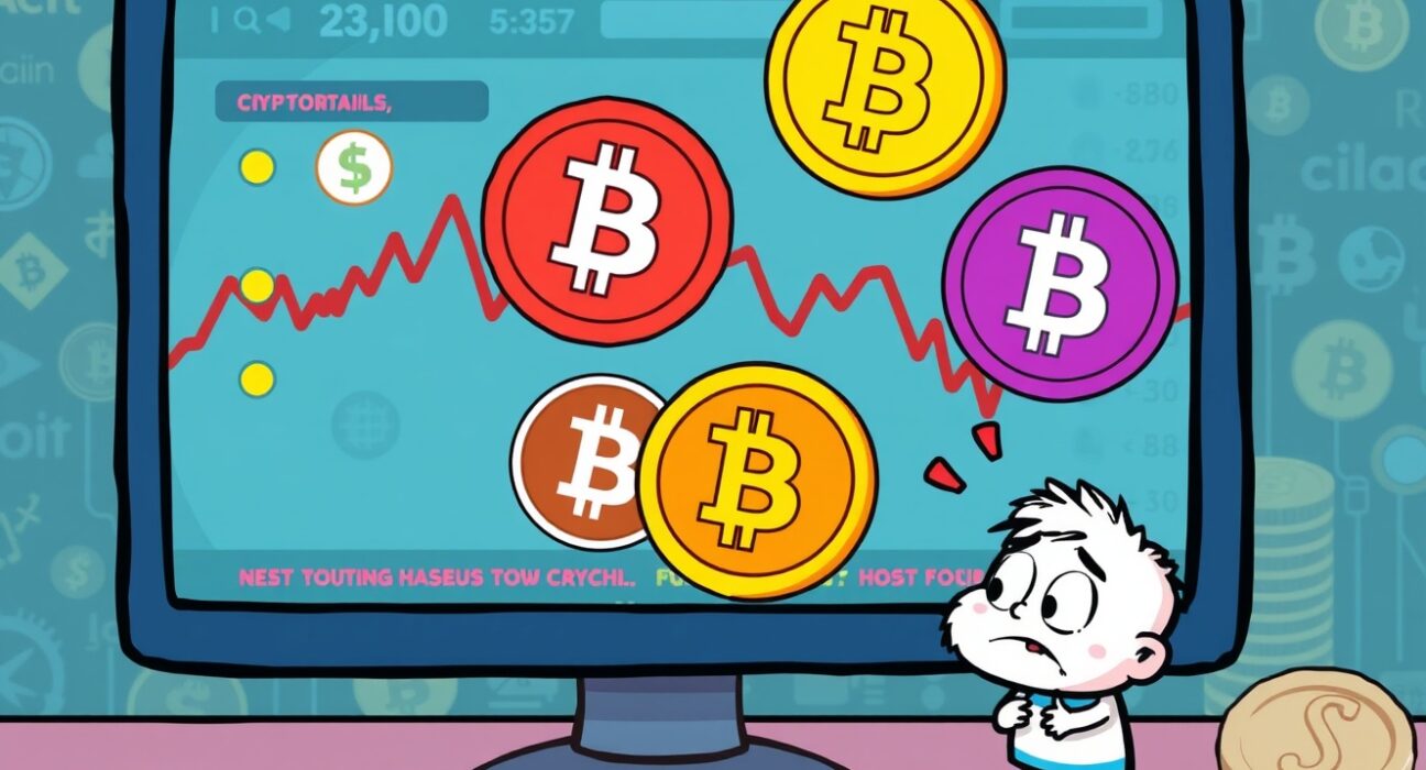 A cartoon illustration showing the impact of Binance delisting specific crypto spot trading pairs, with NXPC and HUMA symbols crossed out, affecting traders.