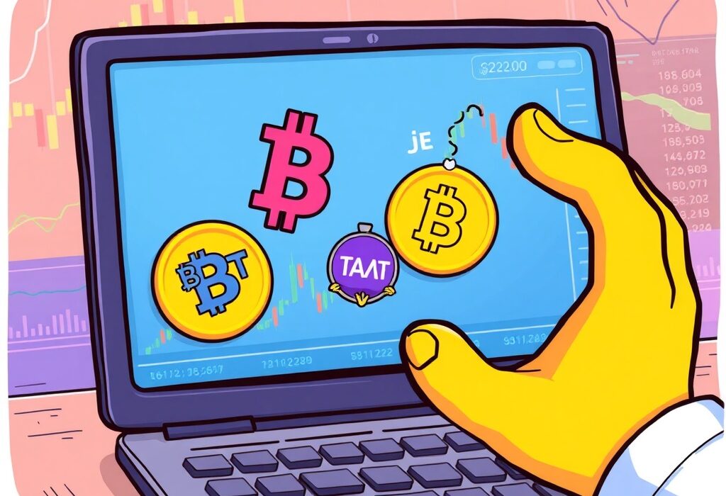 A cartoon illustration showing digital assets being removed from a trading platform, symbolizing the upcoming Binance delisting of specific pairs.