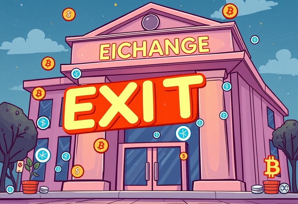 Cartoon showing cryptocurrencies leaving an exchange, symbolizing a Binance delisting and market changes for investors.