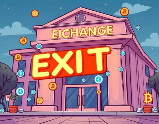 Cartoon showing cryptocurrencies leaving an exchange, symbolizing a Binance delisting and market changes for investors.