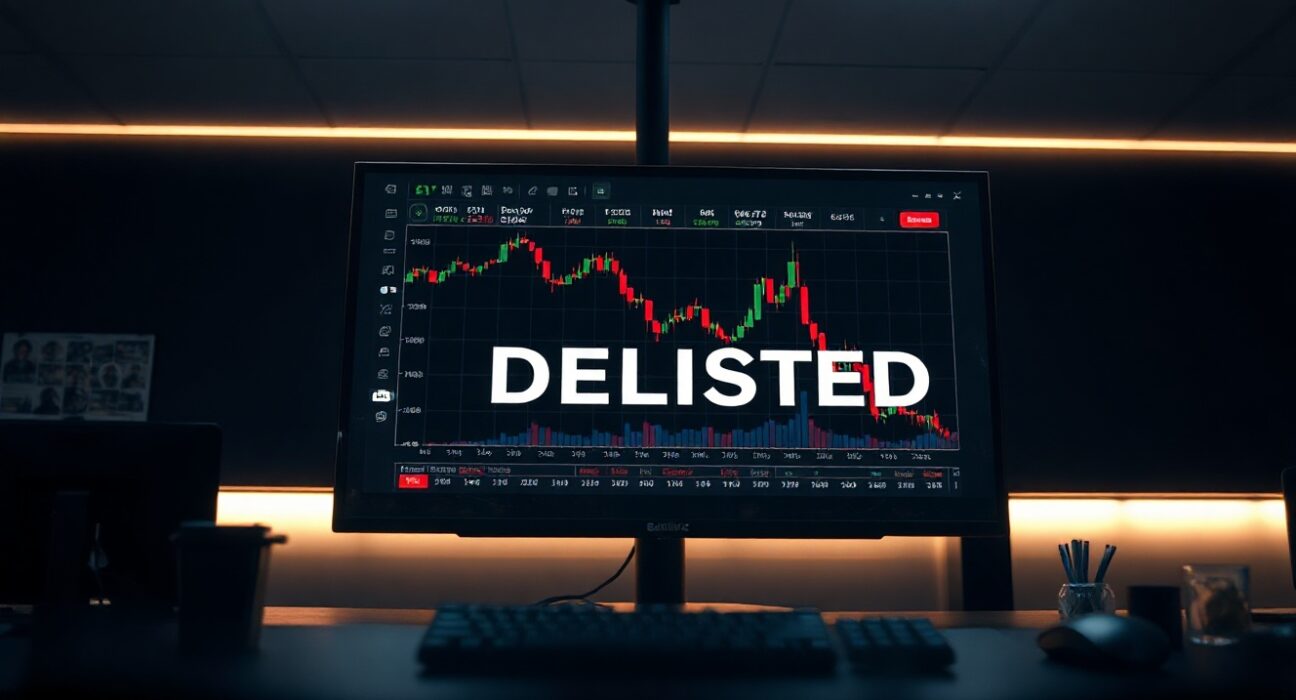 Binance delisting announcement showing six altcoins with a downward chart on a trading screen