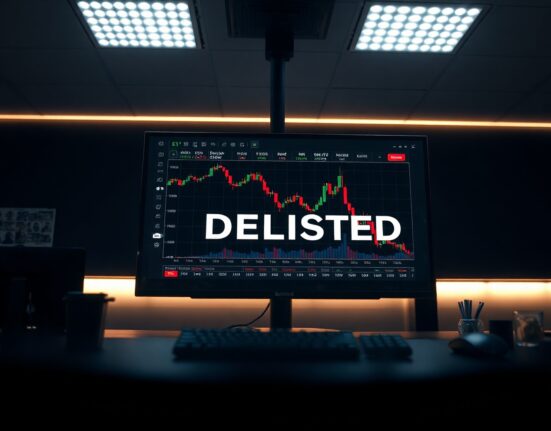 Binance delisting announcement showing six altcoins with a downward chart on a trading screen