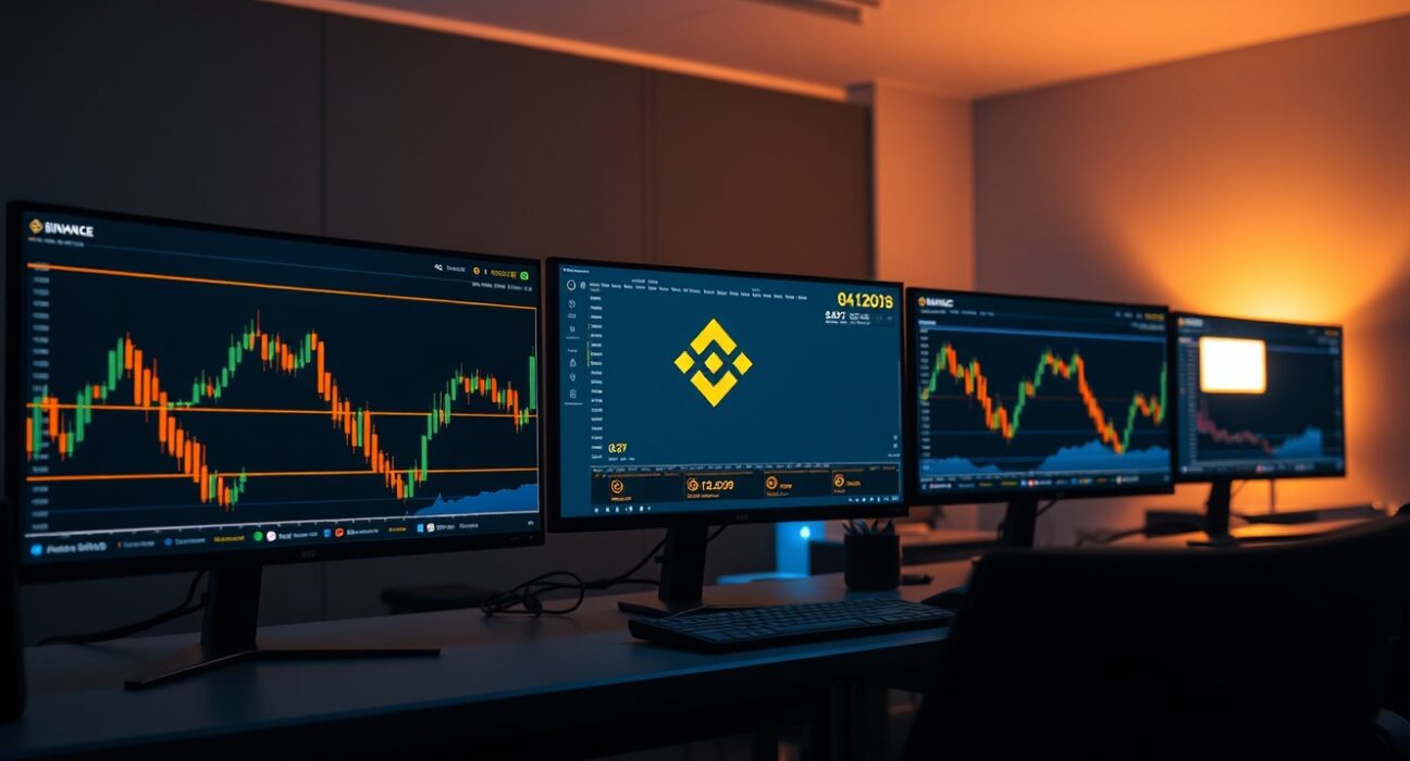 Cryptocurrency trading monitors showing charts in a dark office, symbolizing exchange delisting decisions
