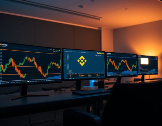 Cryptocurrency trading monitors showing charts in a dark office, symbolizing exchange delisting decisions