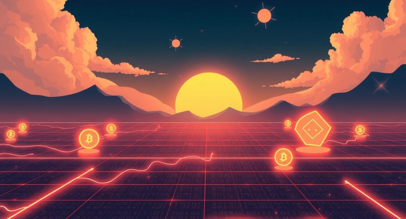 Conceptual Ghibli-style art representing Binance delisting cryptocurrency margin trading pairs like YGG/BTC.