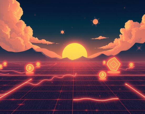 Conceptual Ghibli-style art representing Binance delisting cryptocurrency margin trading pairs like YGG/BTC.