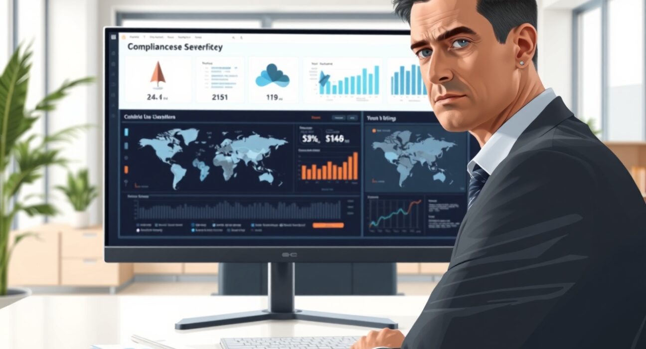 Professional reviewing Binance compliance dashboard regarding Iran sanctions allegations.