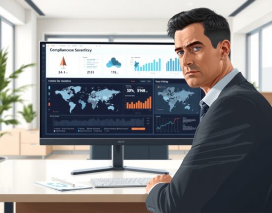 Professional reviewing Binance compliance dashboard regarding Iran sanctions allegations.