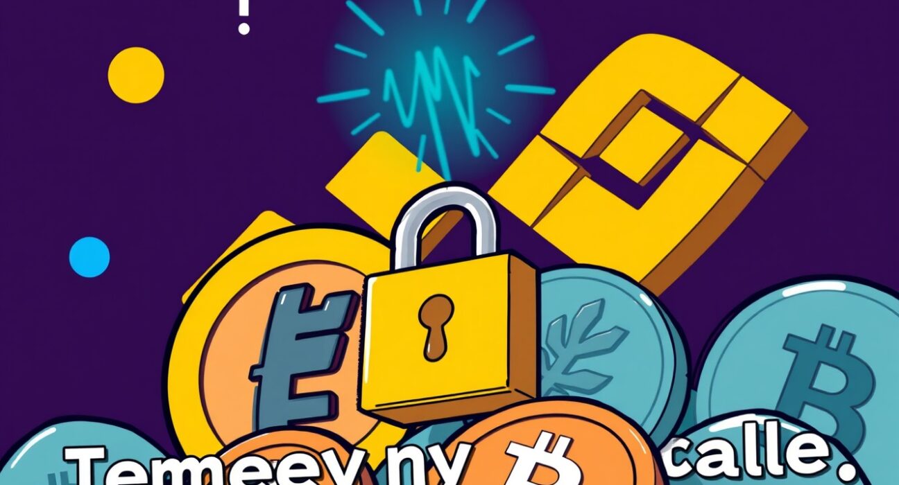 Cartoon illustration showing a temporary Binance deposits suspension for OM and EGLD cryptocurrencies due to network upgrades.