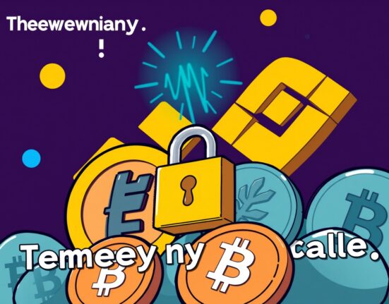 Cartoon illustration showing a temporary Binance deposits suspension for OM and EGLD cryptocurrencies due to network upgrades.