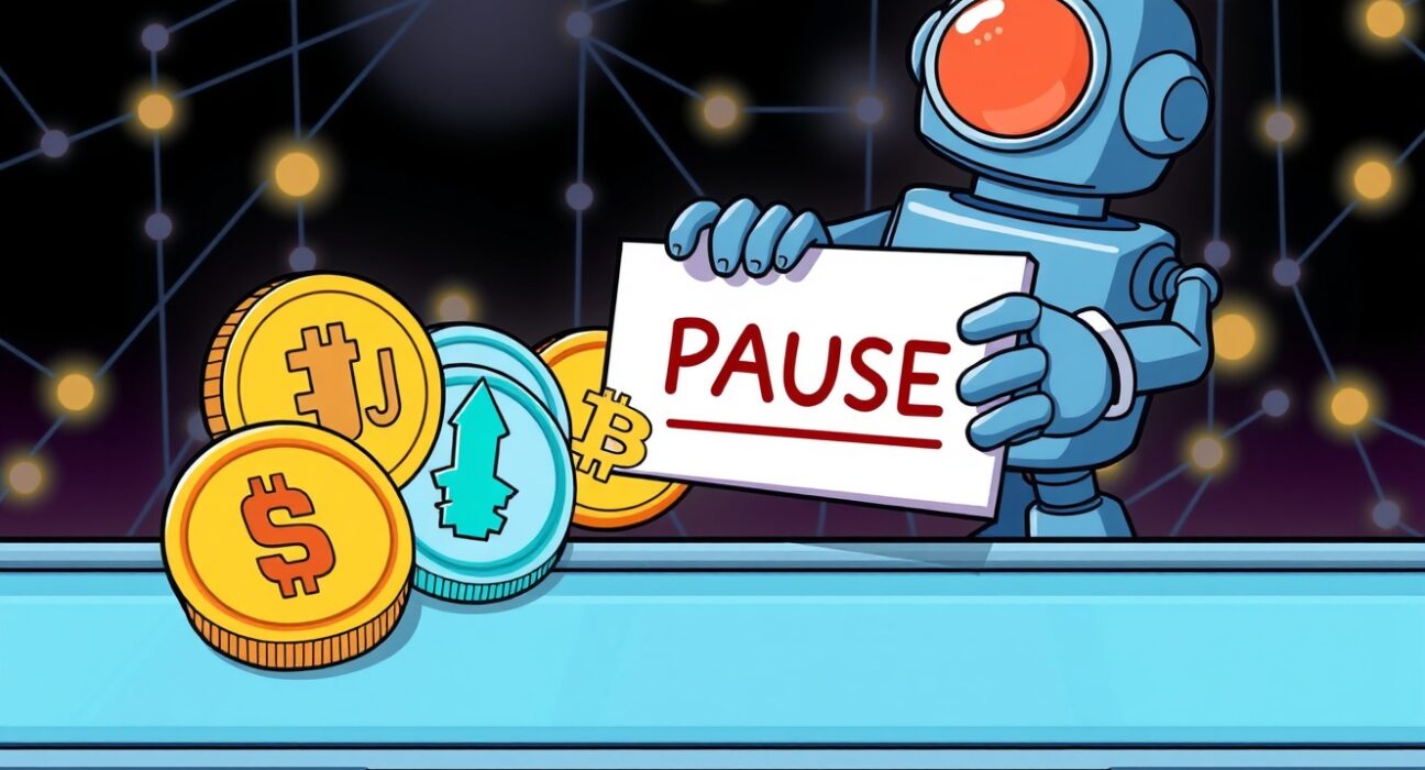 Cartoon showing INJ and MOVR coins paused on a conveyor belt, symbolizing temporary Binance deposits and withdrawals suspension for network upgrades.