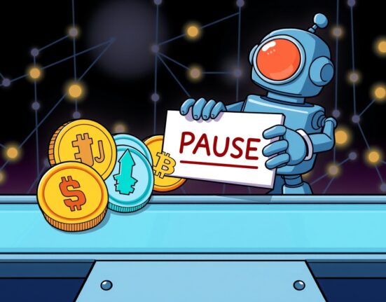 Cartoon showing INJ and MOVR coins paused on a conveyor belt, symbolizing temporary Binance deposits and withdrawals suspension for network upgrades.