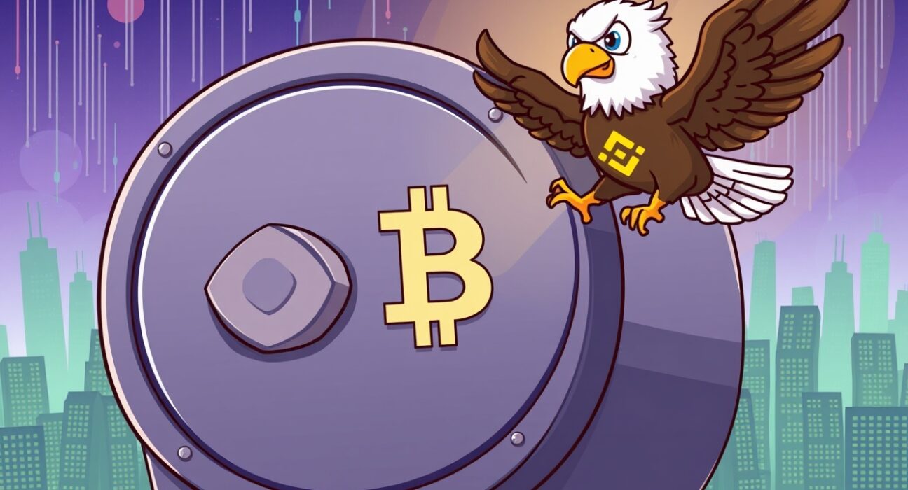Cartoon illustration showing Binance DOJ monitoring concluding, symbolizing regulatory relief and a new era for the crypto exchange.