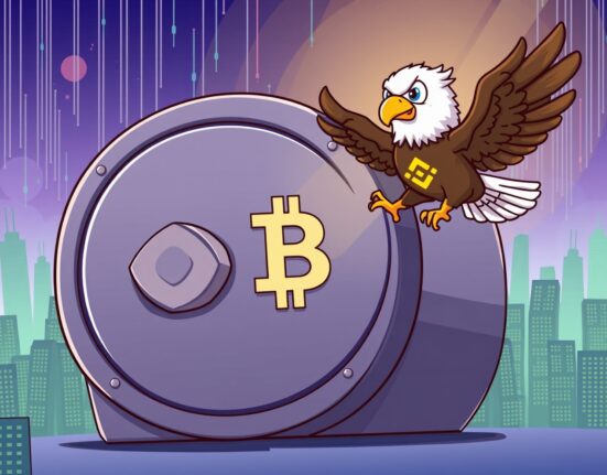 Cartoon illustration showing Binance DOJ monitoring concluding, symbolizing regulatory relief and a new era for the crypto exchange.