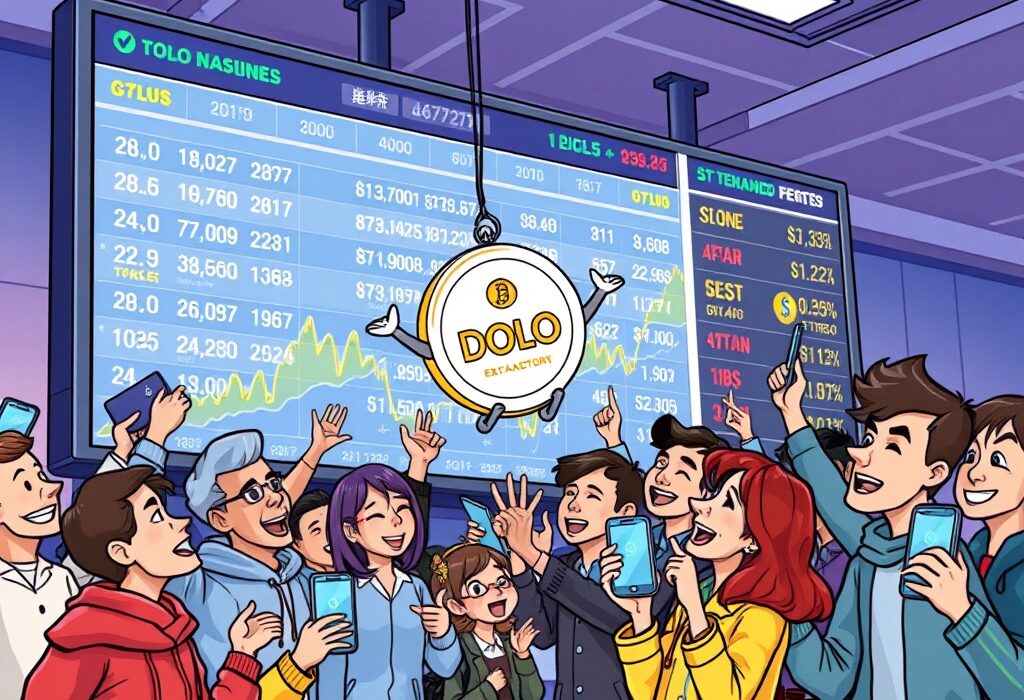 Cartoon illustration of excited investors celebrating the Binance DOLO listing, symbolizing the new Hodler Airdrop project.