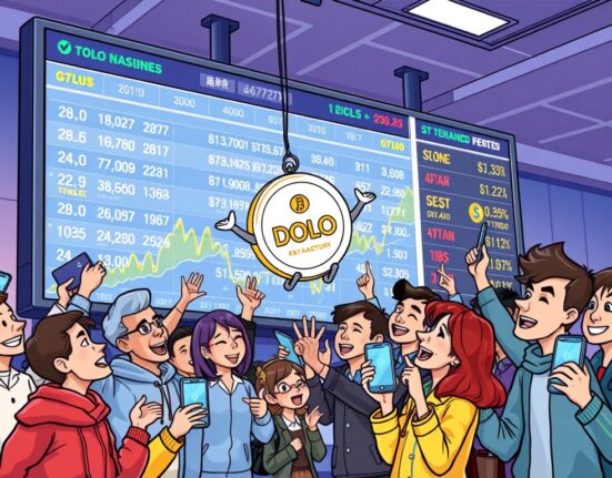 Cartoon illustration of excited investors celebrating the Binance DOLO listing, symbolizing the new Hodler Airdrop project.