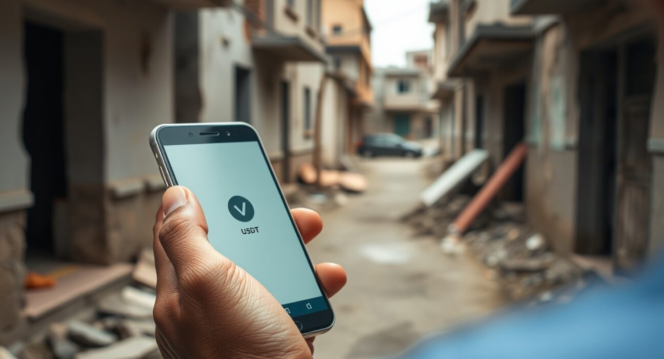 Person using smartphone for crypto transaction in earthquake-damaged Venezuelan building