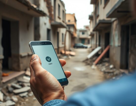 Person using smartphone for crypto transaction in earthquake-damaged Venezuelan building