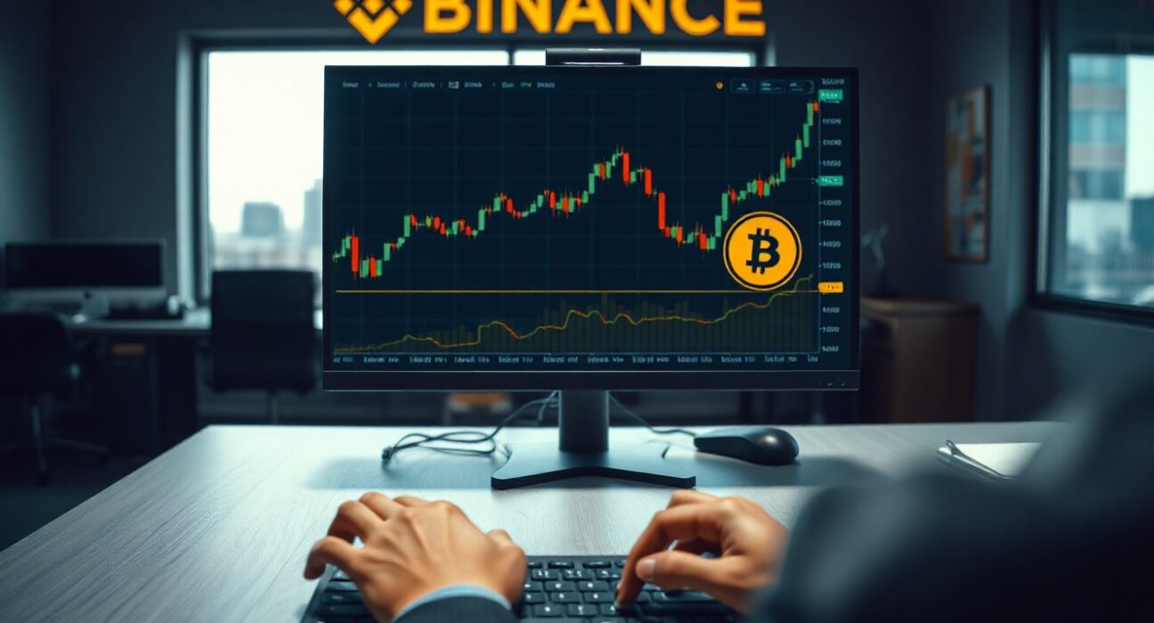Binance DOS/USDT perpetual futures trading on a monitor with candlestick chart