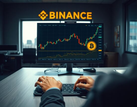 Binance DOS/USDT perpetual futures trading on a monitor with candlestick chart