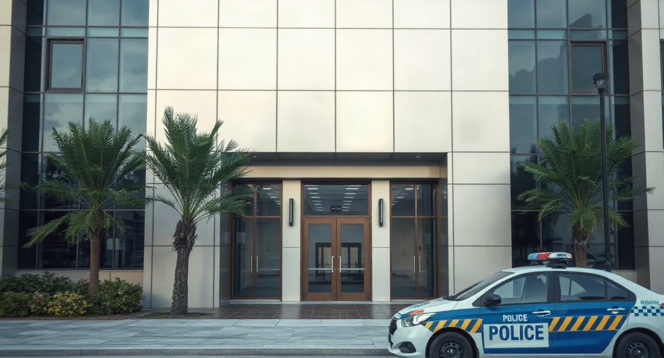 Modern corporate building in UAE with police car outside, representing Binance investigation