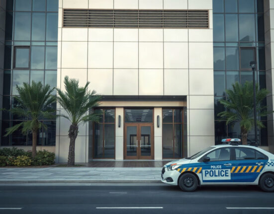 Modern corporate building in UAE with police car outside, representing Binance investigation