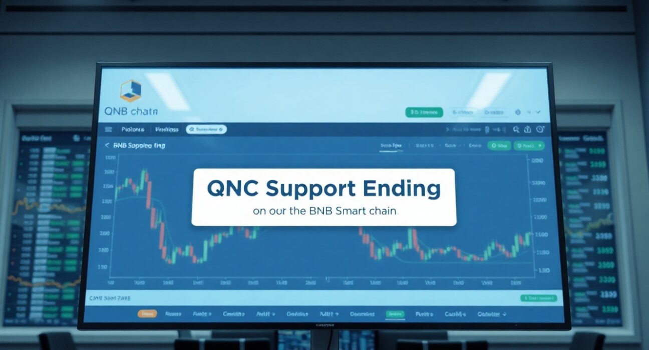 Binance exchange interface displaying an alert about ending QKC support on BNB Smart Chain