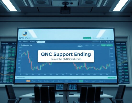 Binance exchange interface displaying an alert about ending QKC support on BNB Smart Chain