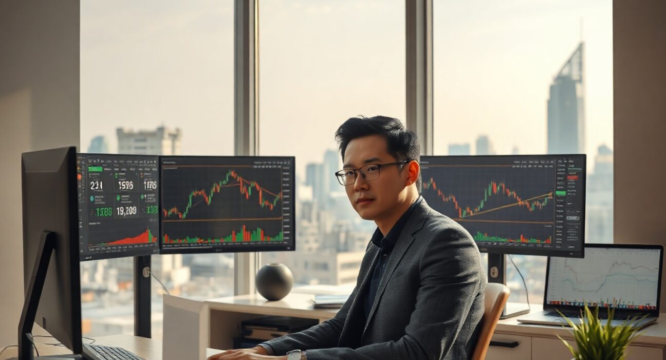 Software engineer working at a desk with trading system monitors in a Seoul office