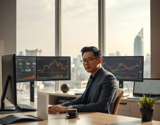Software engineer working at a desk with trading system monitors in a Seoul office