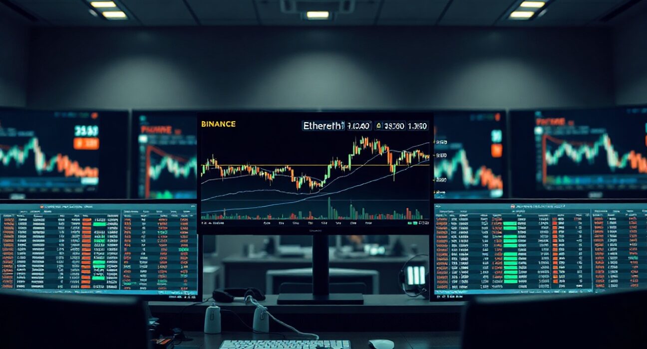 Ethereum price chart and Binance futures open interest data displayed on a trading monitor in a modern financial office.