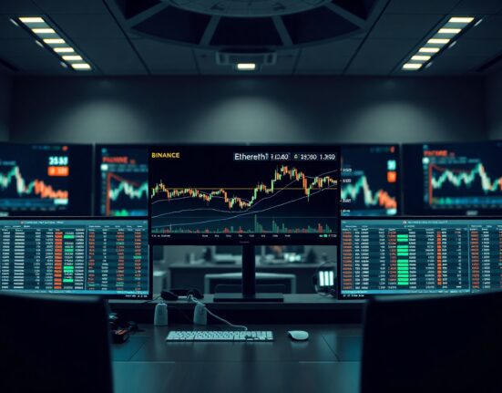 Ethereum price chart and Binance futures open interest data displayed on a trading monitor in a modern financial office.